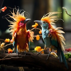 A pair of tropical birds engaged in a playful dance