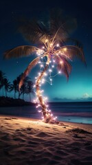 A single palm tree on a beach, wrapped in a string of light bulb garlands.