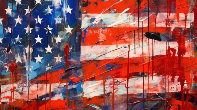 American flag painted on a wall. Grunge art background. USA. Independence Day. July 4 Concept. Patriotism Concept. USA Flag.