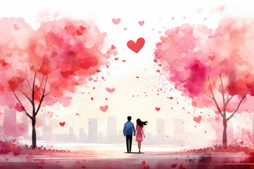 Horizontal advertisement of a couple walking among the trees in the urban park on a pink background of hearts. Cartoon, illustration, drawing, card, of Valentine's Day. Generative AI - obrazy, fototapety, plakaty