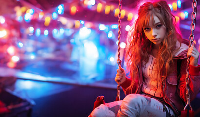 Portrait of a beautiful asian girl on a swing in a night club