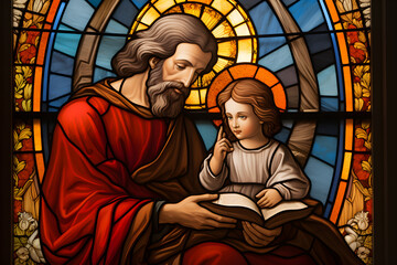St, Joseph with Jesus Christ, the patron saint of the Catholic Church, depicted in a stained glass window at San Jose, - obrazy, fototapety, plakaty
