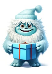 cute 2d Yeti as New Year character in warm winter hat hold gift box,isolated on white background