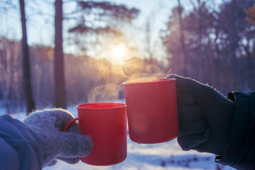 hot warming drink in a mug in hands with woolen gloves against the background of a winter frosty forest, picnic winter concept, cold snap - obrazy, fototapety, plakaty