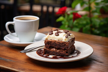 Fototapeta na wymiar Chocolate Brownie with Cream and cup of coffee on table in cafe