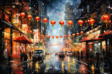 Defocused background with colorful lanterns on the streets of China town decorated for the Chinese...