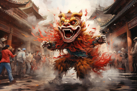 Closeup of the colorful Nian Dragon surrounded by people in the celebration of the Chinese New Year on the streets of the city. Generative AI.
