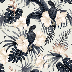Tropical vintage black parrot bird, hibiscus flower, black palm leaves floral seamless pattern grey background. Exotic jungle wallpaper.