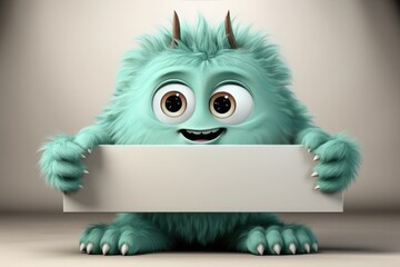 friendly blue monster with a sign to leave your message - obrazy, fototapety, plakaty