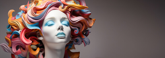 An abstract sculpture of a female figure with a cascade of colorful swirls depicts an ethereal beauty and artistic freedom.