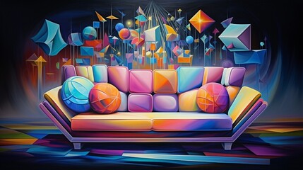 A surrealistic composition showcasing an abstract sofa immersed in a sea of iridescent colors and geometric illusions.