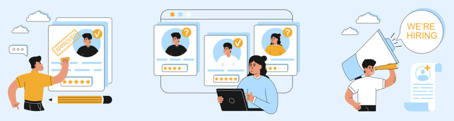 Recruitment agency, hiring, vector illustration set. Hr managers searching new employee, reading CV and giving job candidate review. Manager approves a new employee for a vacancy. Vector illustration.