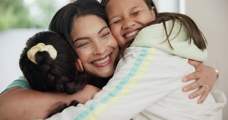 Running, love and mother hug children in house with welcome home, bond or hello. Happy family, support and mom embrace kids in living room with security, care or trust, gratitude or excited greeting