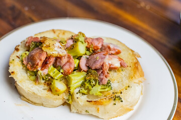 Toasted bread with kielbasa sandwich, food backgrounds copy space, home made