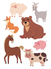Collection of cartoon animals isolated on white background. Cute vector illustrations. 