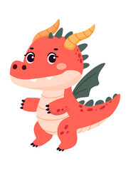 Cute christmas cartoon dragon with wings and horns. Vector fantasy character isolated on white background.