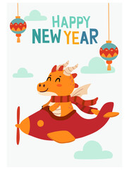 Happy Chinese New Year greeting card  with cute cartoon dragon on a plane. Holidays cartoon character. Vector illustration. 