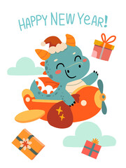 Happy Chinese New Year greeting card  with cute cartoon dragon on a plane. Holidays cartoon character. Vector illustration. 