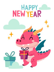 Chinese New Year greeting card with cute cartoon dragon with gifts. Holidays cartoon character. Vector illustration.