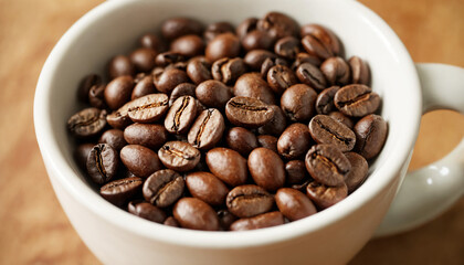 Fototapeta premium Close-up of a coffee beans in a white mug