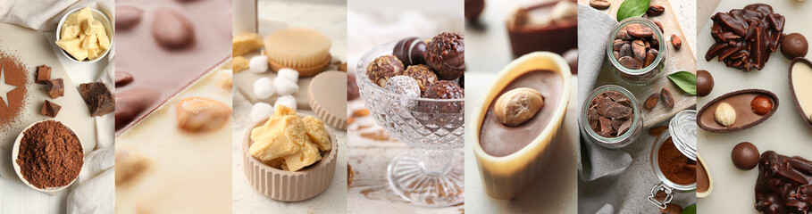 Collage of cacao powder and sweet chocolate candies