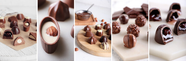 Collage of sweet chocolate candies on light background
