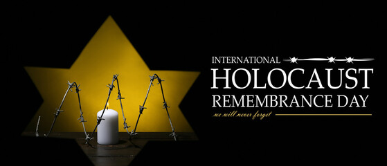 Banner for International Holocaust Remembrance Day with burning candle and barbed wire