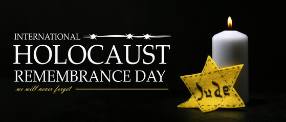 David star and burning candle on dark background. Banner for International Holocaust Remembrance Day