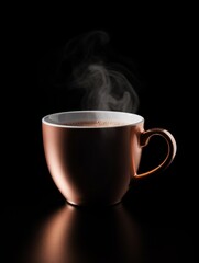 Rose Gold Coffee Mug on Black Background. Photorealistic Cup with plume of steam on dark backdrop. Vertical Illustration. Ai Generated Hot Drink with Vapor.