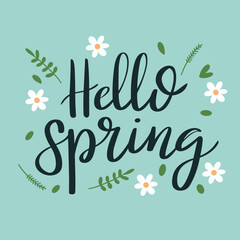 Hello Spring lettering inscription. Handwriting Hello Spring words. Calligraphy text banner. Hand drawn vector art.