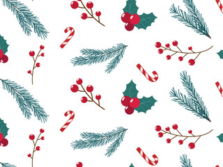 Christmas plant seamless pattern. Branches of spruce pine fir, holly berry, candy cane on white background. Flat design vector illustration. Winter holiday ornament