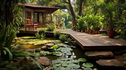 A tranquil backyard oasis with a koi pond, a wooden bridge, and a variety of lush plants.