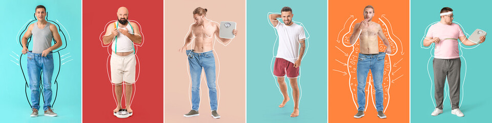 Set of men after weight loss on color background - obrazy, fototapety, plakaty