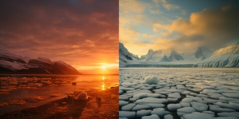A split-screen image portrays the stark difference between hot and cold climates as countries grapple with the first-time breach of the 2-degree limit agreed upon to curb global warming - obrazy, fototapety, plakaty