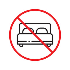 Forbidden bed vector icon. Warning, caution, attention, restriction, label, ban, danger. No bed ball flat sign design pictogram symbol. No bed icon UX UI icon