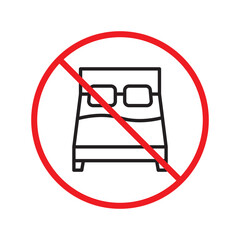 Forbidden bed vector icon. Warning, caution, attention, restriction, label, ban, danger. No bed ball flat sign design pictogram symbol. No bed icon UX UI icon