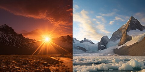 A split-screen image portrays the stark difference between hot and cold climates as countries grapple with the first-time breach of the 2-degree limit agreed upon to curb global warming - obrazy, fototapety, plakaty