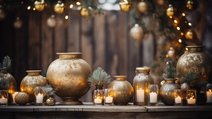 A warm and inviting Christmas setup with golden ornaments, greenery, and a rustic wood background