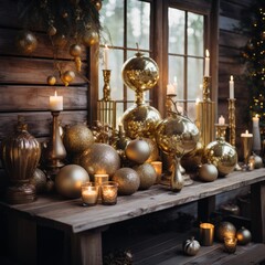 Fototapeta na wymiar A warm and inviting Christmas setup with golden ornaments, greenery, and a rustic wood background