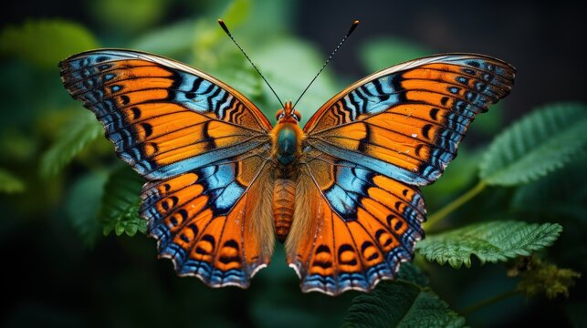 A butterfly perched on a leaf, its delicate wings showcasing intricate patterns and vibrant colors