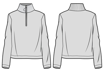 Long Sleeve High Neck Half Zip Down Jacket Front and Back View. Fashion Illustration, Vector, CAD, Technical Drawing, Flat Drawing, Template, Mockup.