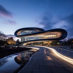 a futuristic building with a curved façade and sleek glass exterior