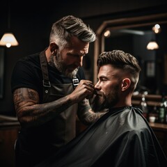 barber trimming a client's hair with electric clippers, capturing the movement - obrazy, fototapety, plakaty