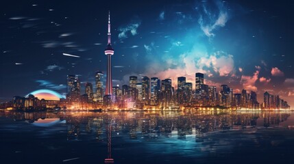 a city skyline at night, featuring sleek and modern buildings with clean lines and bold architecture - Powered by Adobe