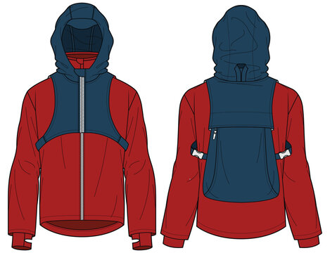 Hydration Vests, Back Pack Added Hiking and Running Jackets Front and Back View. Fashion Illustration, Vector, CAD, Technical Drawing, Flat Drawing, Template, Mockup.