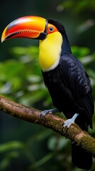 An exotic toucan perched on a tree branch, its vibrant orange and yellow beak contrasting against