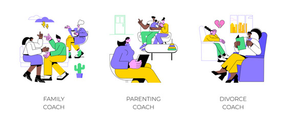 Family coach isolated cartoon vector illustrations set. Experienced relationship coach talking with couple, parenting coaching, therapy session, help to coupe with divorce vector cartoon.