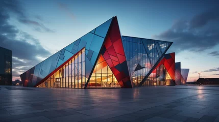 Foto op Canvas geometrically designed building with sharp angles and vibrant colors, © olegganko