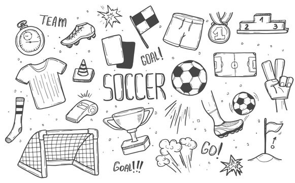 Soccer icon set in doodle style isolated on white background. Football concept sketch set in vector