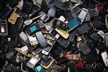 Pile of old mobile phones on the ground in a garbage dump, Generative Ai - obrazy, fototapety, plakaty